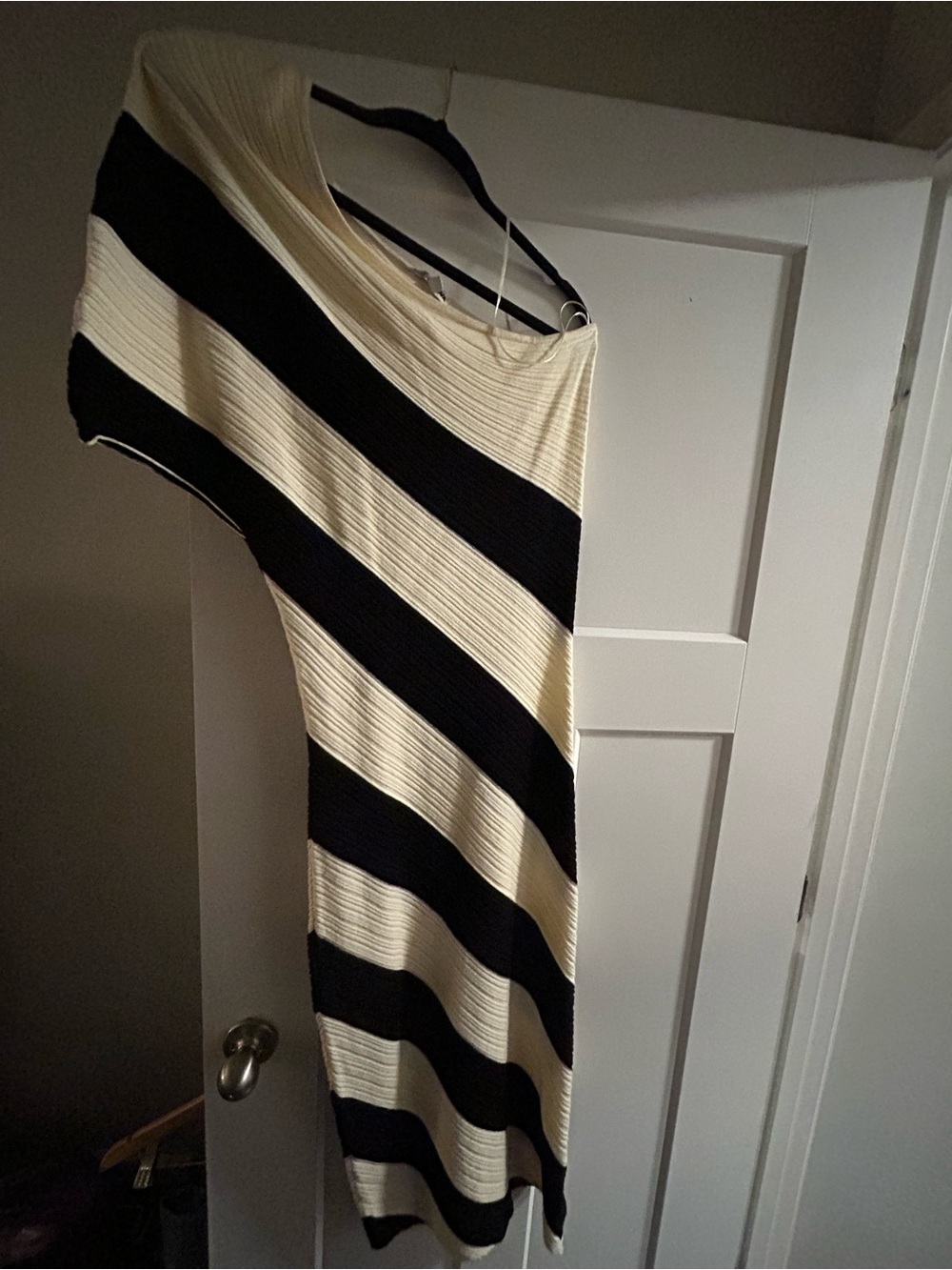 Women's Black and Cream Striped Knit Sweater